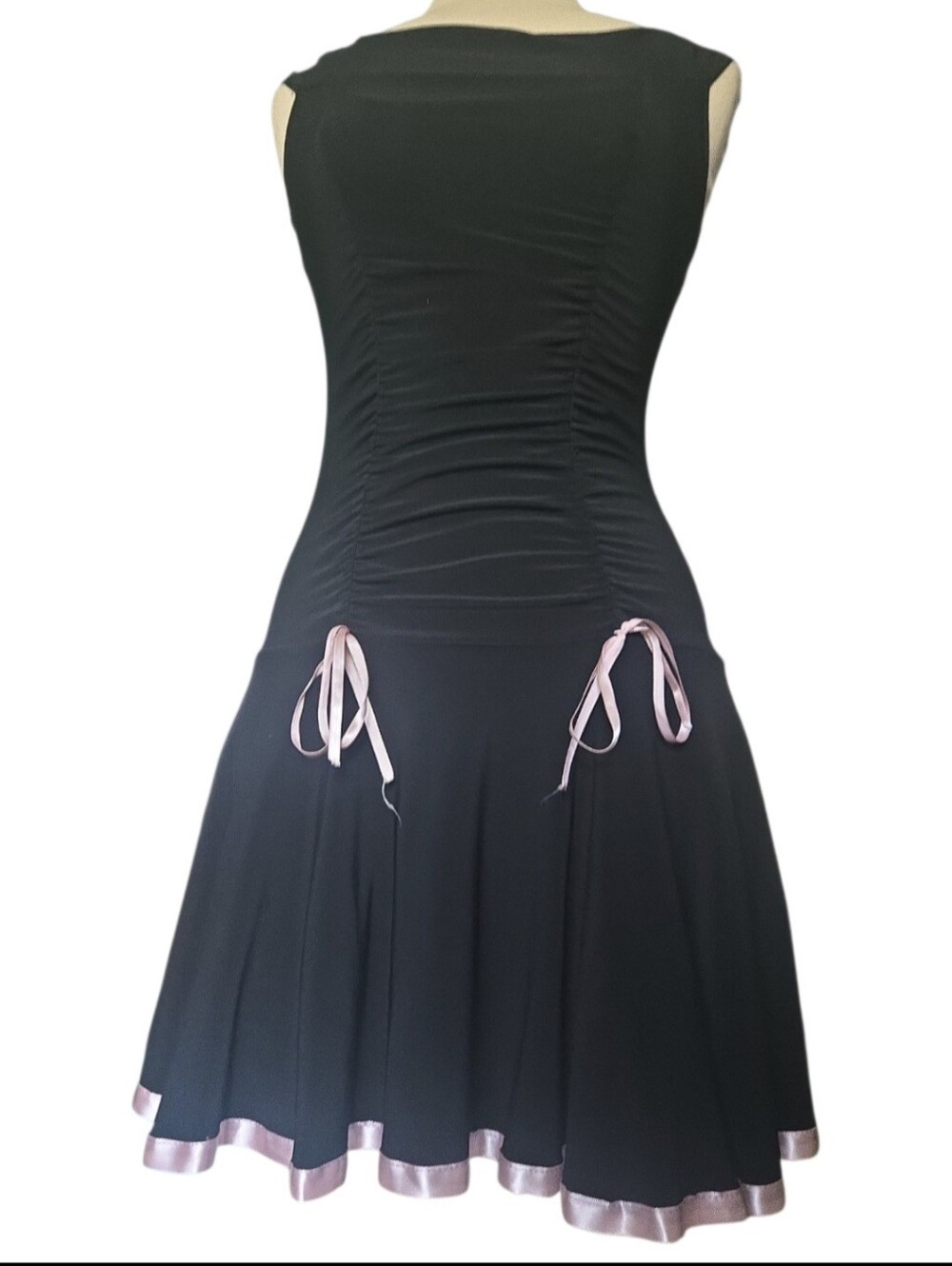 Vintage Y2K Taboo Black Ruched Drop Waist Dress Pink Bows - S